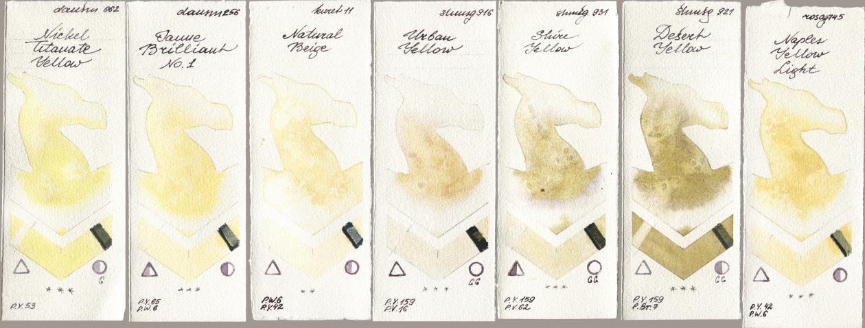 Daniel Smith 062 Nickel Titanate Yellow, 256 Jaune Brilliant No 1, Kuretake Gansai Tambi 011 Natural Beige, Shminke Horadam Aquarell 916 Urban Yellow, 931 Shire Yellow, 921 Desert Yellow, Rosa Gallery 745 Naples Yellow Lig watercolor swatch