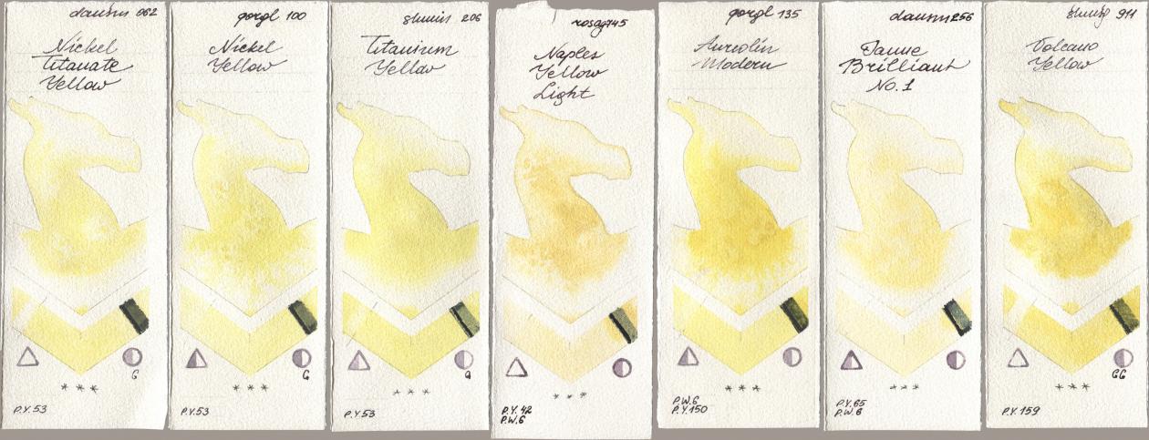 Daniel Smith 062 Nickel Titanate Yellow, Golden QOR 100 Nickel Yellow, Shminke Horadam Aquarell 206 Titanium Yellow, Rosa Gallery 745 Naples Yellow Light, 135 Aureolin Modern, 256 Jaune Brilliant No 1, 911 Volcano Yell watercolor swatch
