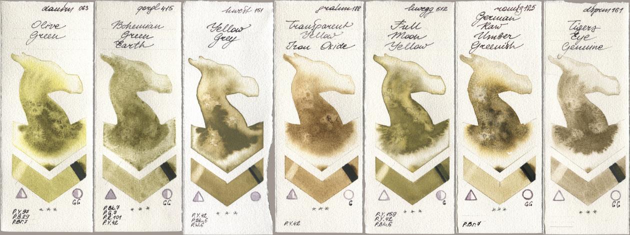 Daniel Smith 063 Olive Green, Golden QOR 415 Bohemian Green Earth, Holbein Artists Watercolor 151 Yellow Grey, M. Graham & Co. Artists 188 Transparent Yellow Iron Oxide, 512 Full Moon Yellow, Roman Szmal Aquarius 125 German Raw Umber Greenish, 161 Tigers Eye Genui watercolor swatch
