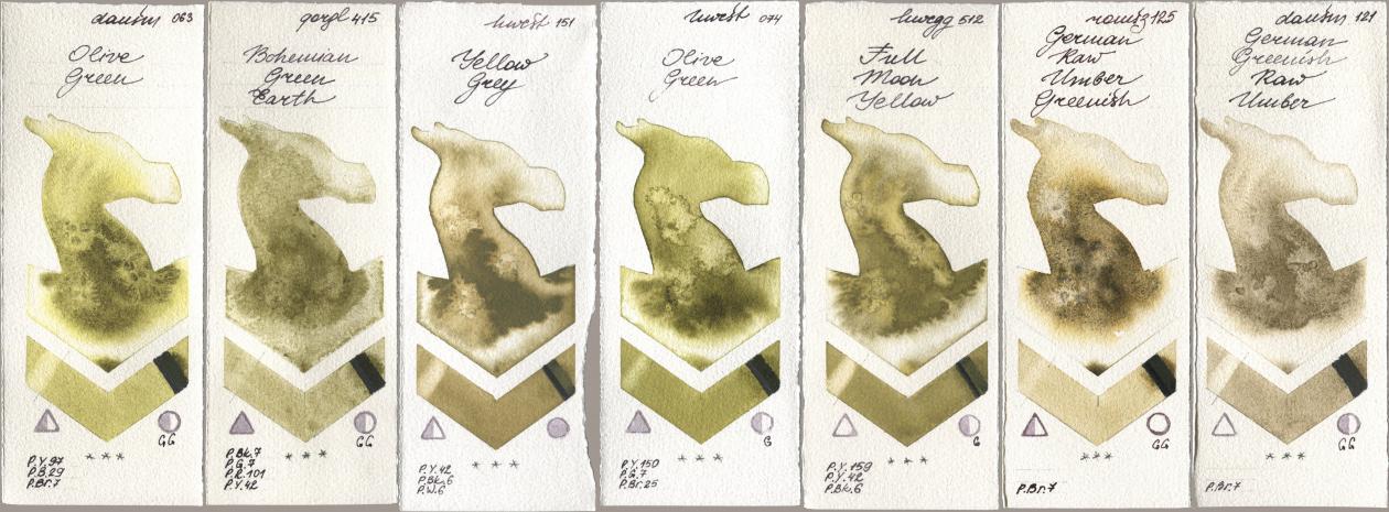 Daniel Smith 063 Olive Green, Golden QOR 415 Bohemian Green Earth, Holbein Artists Watercolor 151 Yellow Grey, 074 Olive Green, 512 Full Moon Yellow, Roman Szmal Aquarius 125 German Raw Umber Greenish, 121 German Greenish Raw Umb watercolor swatch