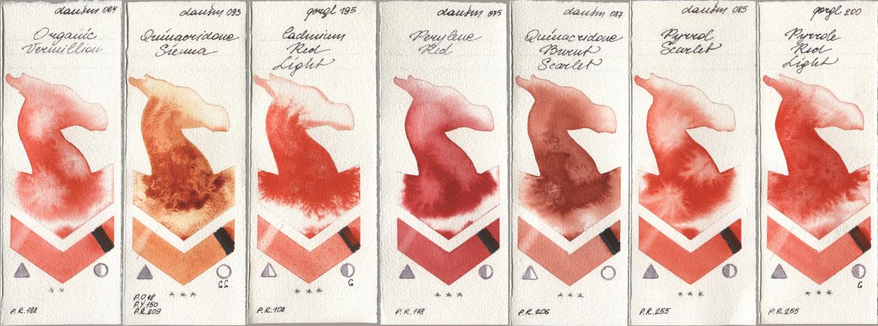 Daniel Smith 064 Organic Vermilion, 093 Quinacridone Sienna, Golden QOR 195 Cadmium Red Light, 075 Perylene Red, 087 Quinacridone Burnt Scarlet, 085 Pyrrol Scarlet, 200 Pyrrole Red Lig watercolor swatch