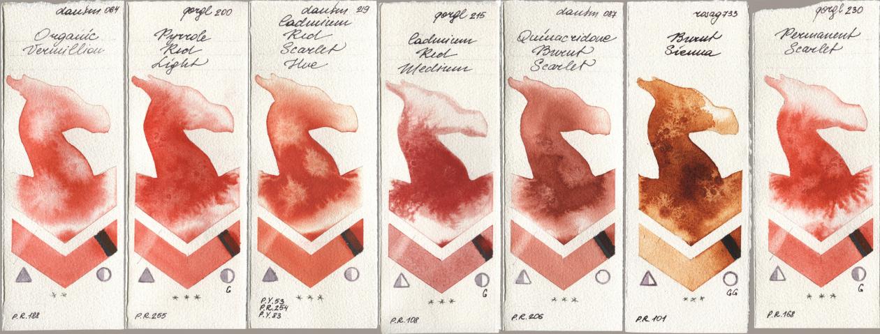 Daniel Smith 064 Organic Vermilion, Golden QOR 200 Pyrrole Red Light, 219 Cadmium Red Scarlet Hue, 215 Cadmium Red Medium, 087 Quinacridone Burnt Scarlet, Rosa Gallery 733 Burnt Sienna, 230 Permanent Scarl watercolor swatch