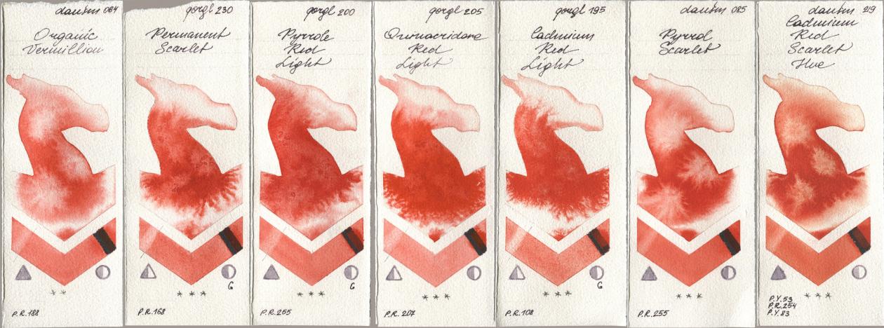 Daniel Smith 064 Organic Vermilion, Golden QOR 230 Permanent Scarlet, 200 Pyrrole Red Light, 205 Quinacridone Red Light, 195 Cadmium Red Light, 085 Pyrrol Scarlet, 219 Cadmium Red Scarlet H watercolor swatch