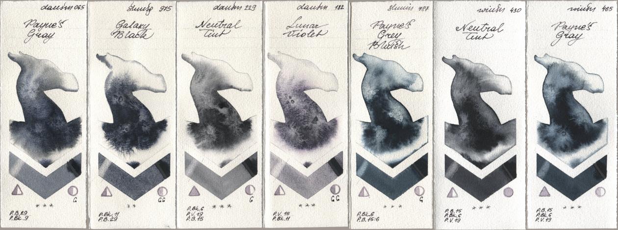 Daniel Smith 065 Paynes Gray, Shminke Horadam Aquarell 975 Galaxy Black, 229 Neutral Tint, 182 Lunar Violet, 787 Paynes Grey Bluish, Winsor & Newton Professional 430 Neutral Tint, 465 Paynes Gr watercolor swatch