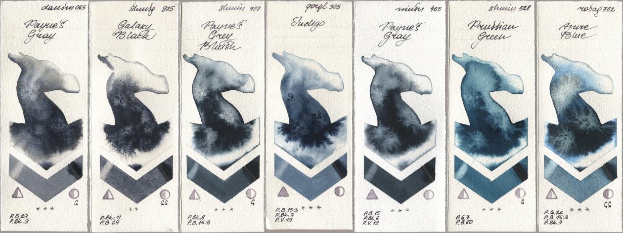 Daniel Smith 065 Paynes Gray, Shminke Horadam Aquarell 975 Galaxy Black, 787 Paynes Grey Bluish, Golden QOR 305 Indigo, Winsor & Newton Professional 465 Paynes Gray, 528 Prussian Green, Rosa Gallery 762 Azure Bl watercolor swatch