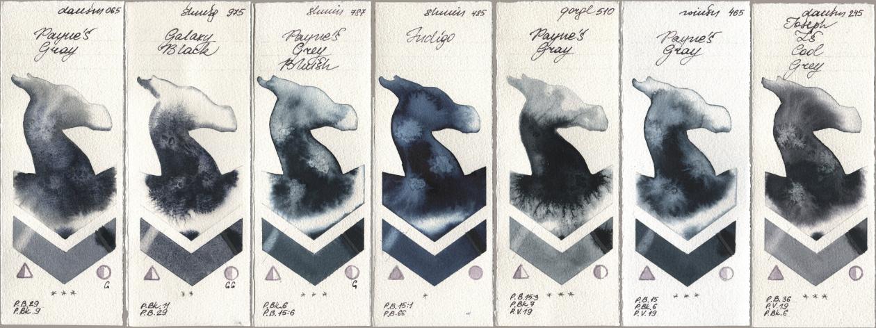Daniel Smith 065 Paynes Gray, Shminke Horadam Aquarell 975 Galaxy Black, 787 Paynes Grey Bluish, 485 Indigo, Golden QOR 510 Paynes Gray, Winsor & Newton Professional 465 Paynes Gray, 245 Joseph Zs Cool Gr watercolor swatch