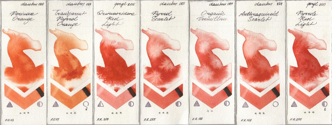 Daniel Smith 066 Perinone Orange, 187 Transparent Pyrrol Orange, Golden QOR 205 Quinacridone Red Light, 085 Pyrrol Scarlet, 064 Organic Vermilion, 224 Anthraquinoid Scarlet, 200 Pyrrole Red Lig watercolor swatch