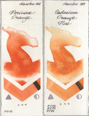 Daniel Smith 066 Perinone Orange, 220 Cadmium Orange H watercolor swatch