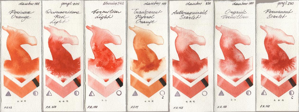Daniel Smith 066 Perinone Orange, Golden QOR 205 Quinacridone Red Light, Shminke Horadam Aquarell 342 Vermilion Light, 187 Transparent Pyrrol Orange, 224 Anthraquinoid Scarlet, 064 Organic Vermilion, 230 Permanent Scarl watercolor swatch