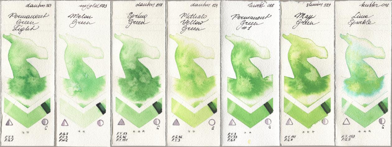 Daniel Smith 067 Permanent Green Light, Mijello Mission Gold 593 Melon Green, 208 Spring Green, 124 Phthalo Yellow Green, Holbein Artists Watercolor 066 Permanent Green No 1, Shminke Horadam Aquarell 524 May Green, Kusakabe 016 Lime Spark watercolor swatch