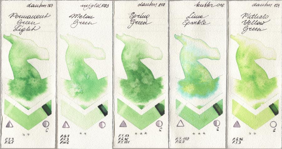 Daniel Smith 067 Permanent Green Light, Mijello Mission Gold 593 Melon Green, 208 Spring Green, Kusakabe 016 Lime Sparkle, 124 Phthalo Yellow Gre watercolor swatch