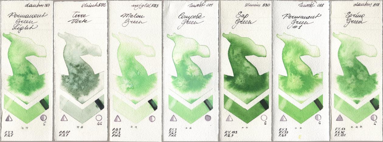 Daniel Smith 067 Permanent Green Light, Shinhan PWC 592 Terre Verte, Mijello Mission Gold 593 Melon Green, Holbein Artists Watercolor 071 Compose Green, Shminke Horadam Aquarell 530 Sap Green, 066 Permanent Green No 1, 208 Spring Gre watercolor swatch