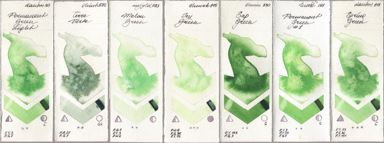 Daniel Smith 067 Permanent Green Light, Shinhan PWC 592 Terre Verte, Mijello Mission Gold 593 Melon Green, Shminke Akademie Aquarell 915 Icy Green, Shminke Horadam Aquarell 530 Sap Green, Holbein Artists Watercolor 066 Permanent Green No 1, 208 Spring Gre watercolor swatch