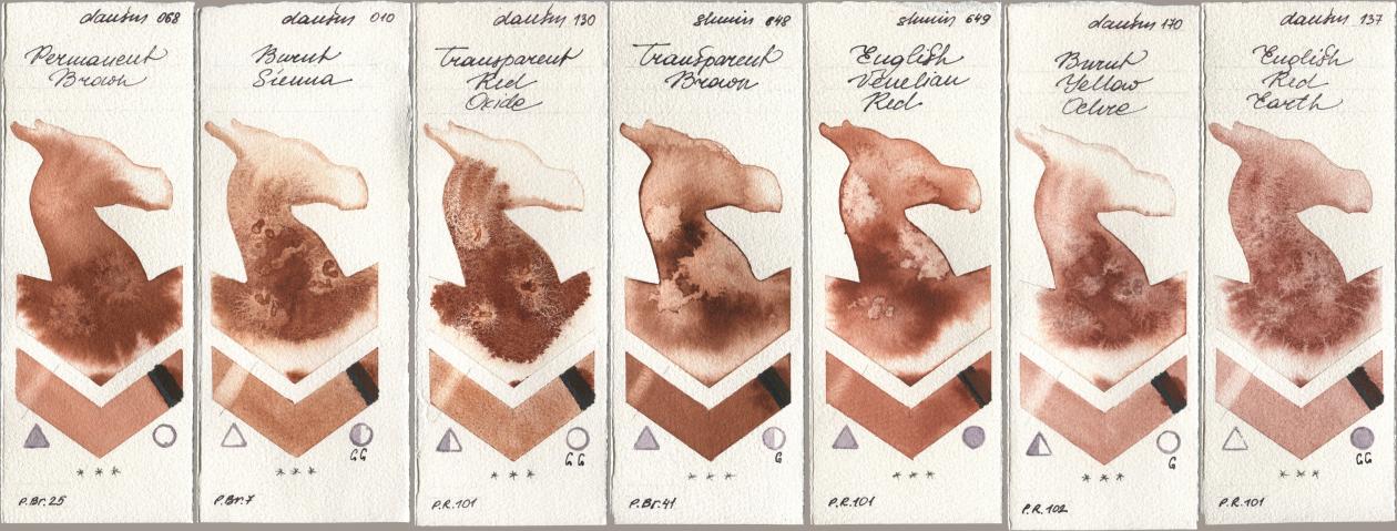 Daniel Smith 068 Permanent Brown, 010 Burnt Sienna, 130 Transparent Red Oxide, Shminke Horadam Aquarell 648 Transparent Brown, 649 English Venetian Red, 170 Burnt Yellow Ochre, 137 English Red Ear watercolor swatch
