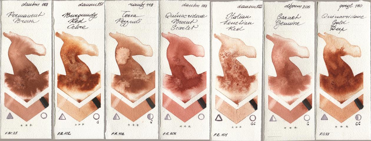 Daniel Smith 068 Permanent Brown, 151 Burgundy Red Ochre, Roman Szmal Aquarius 119 Terra Pozzuoli, 087 Quinacridone Burnt Scarlet, 122 Italian Venetian Red, 205 Garnet Genuine, Golden QOR 160 Quinacridone Gold De watercolor swatch