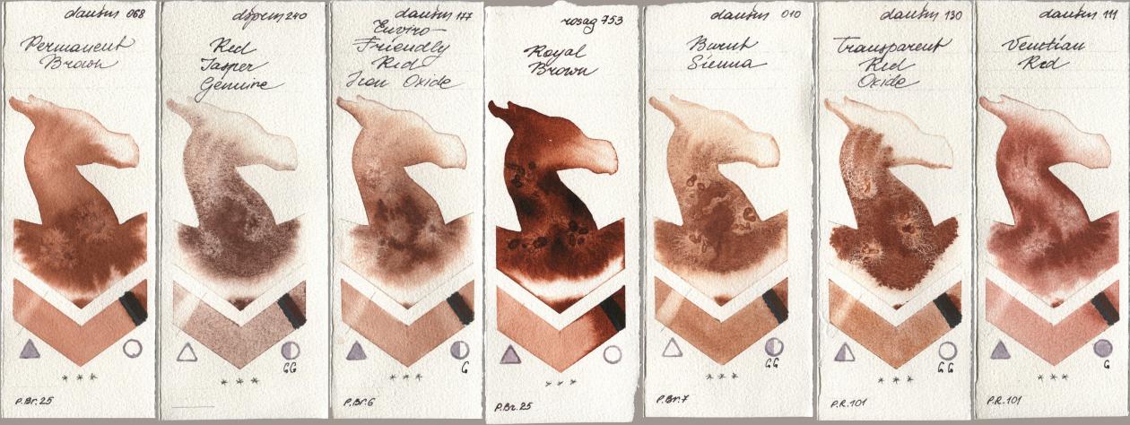 Daniel Smith 068 Permanent Brown, 240 Red Jasper Genuine, 177 Enviro-Friendly Red Iron Oxide, Rosa Gallery 753 Royal Brown, 010 Burnt Sienna, 130 Transparent Red Oxide, 111 Venetian R watercolor swatch