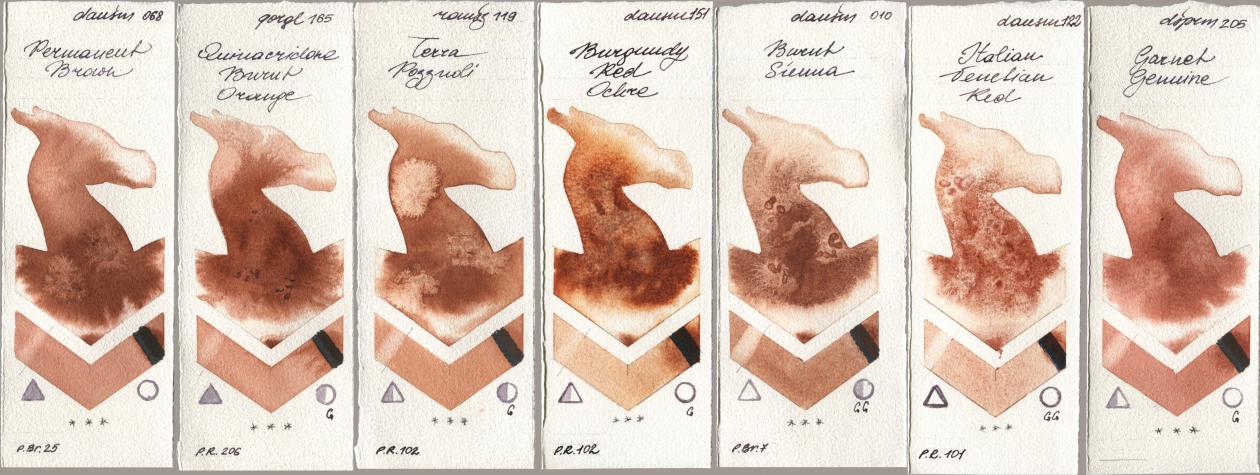 Daniel Smith 068 Permanent Brown, Golden QOR 165 Quinacridone Burnt Orange, Roman Szmal Aquarius 119 Terra Pozzuoli, 151 Burgundy Red Ochre, 010 Burnt Sienna, 122 Italian Venetian Red, 205 Garnet Genui watercolor swatch