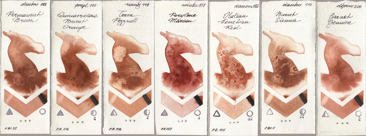 Daniel Smith 068 Permanent Brown, Golden QOR 165 Quinacridone Burnt Orange, Roman Szmal Aquarius 119 Terra Pozzuoli, Winsor & Newton Professional 507 Perylene Maroon, 122 Italian Venetian Red, 010 Burnt Sienna, 205 Garnet Genui watercolor swatch
