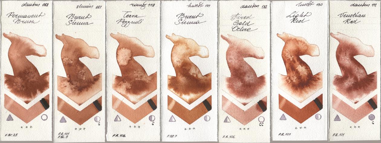 Daniel Smith 068 Permanent Brown, Shminke Horadam Aquarell 661 Burnt Sienna, Roman Szmal Aquarius 119 Terra Pozzuoli, Holbein Artists Watercolor 134 Burnt Sienna, 172 Fired Gold Ochre, 130 Light Red, 111 Venetian R watercolor swatch