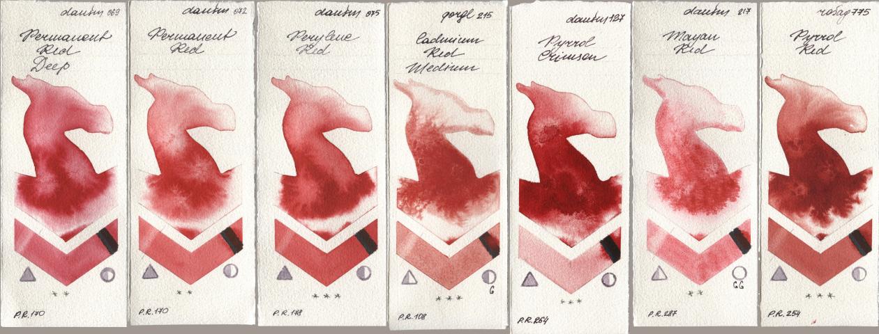 Daniel Smith 069 Permanent Red Deep, 072 Permanent Red, 075 Perylene Red, Golden QOR 215 Cadmium Red Medium, 127 Pyrrol Crimson, 217 Mayan Red, Rosa Gallery 775 Pyrrole R watercolor swatch
