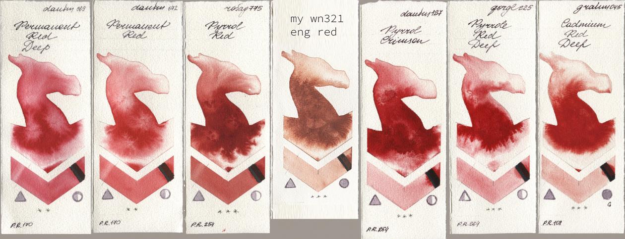 Daniel Smith 069 Permanent Red Deep, 072 Permanent Red, Rosa Gallery 775 Pyrrole Red, my 034 eng red, 127 Pyrrol Crimson, Golden QOR 225 Pyrrole Red Deep, M. Graham & Co. Artists 045 Cadmium Red De watercolor swatch
