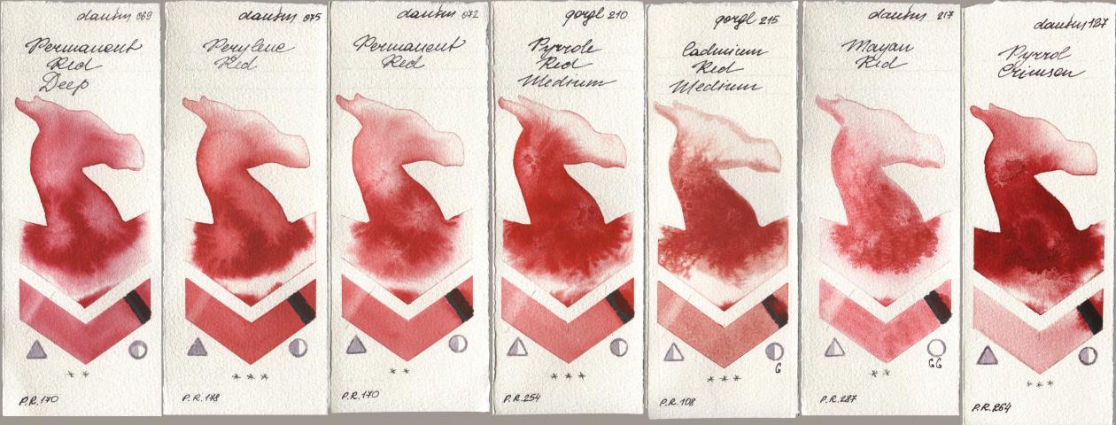 Daniel Smith 069 Permanent Red Deep, 075 Perylene Red, 072 Permanent Red, Golden QOR 210 Pyrrole Red Medium, 215 Cadmium Red Medium, 217 Mayan Red, 127 Pyrrol Crims watercolor swatch