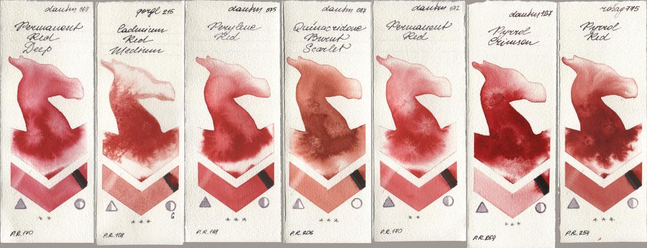 Daniel Smith 069 Permanent Red Deep, Golden QOR 215 Cadmium Red Medium, 075 Perylene Red, 087 Quinacridone Burnt Scarlet, 072 Permanent Red, 127 Pyrrol Crimson, Rosa Gallery 775 Pyrrole R watercolor swatch