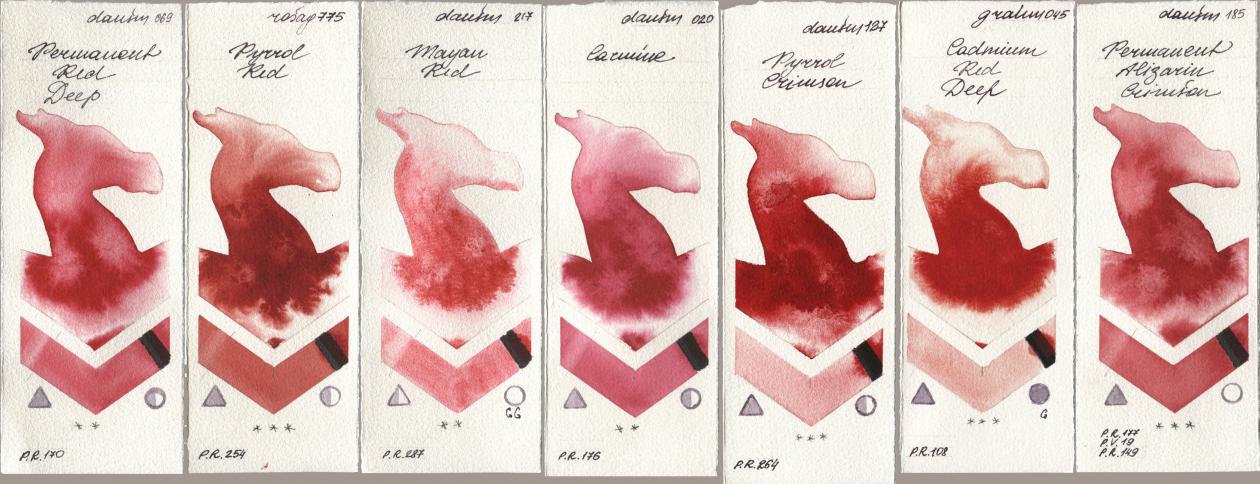 Daniel Smith 069 Permanent Red Deep, Rosa Gallery 775 Pyrrole Red, 217 Mayan Red, 020 Carmine, 127 Pyrrol Crimson, M. Graham & Co. Artists 045 Cadmium Red Deep, 185 Permanent Alizarin Crims watercolor swatch