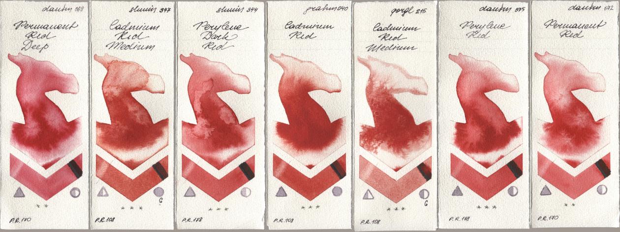 Daniel Smith 069 Permanent Red Deep, Shminke Horadam Aquarell 347 Cadmium Red Medium, 344 Perylene Dark Red, M. Graham & Co. Artists 040 Cadmium Red, Golden QOR 215 Cadmium Red Medium, 075 Perylene Red, 072 Permanent R watercolor swatch