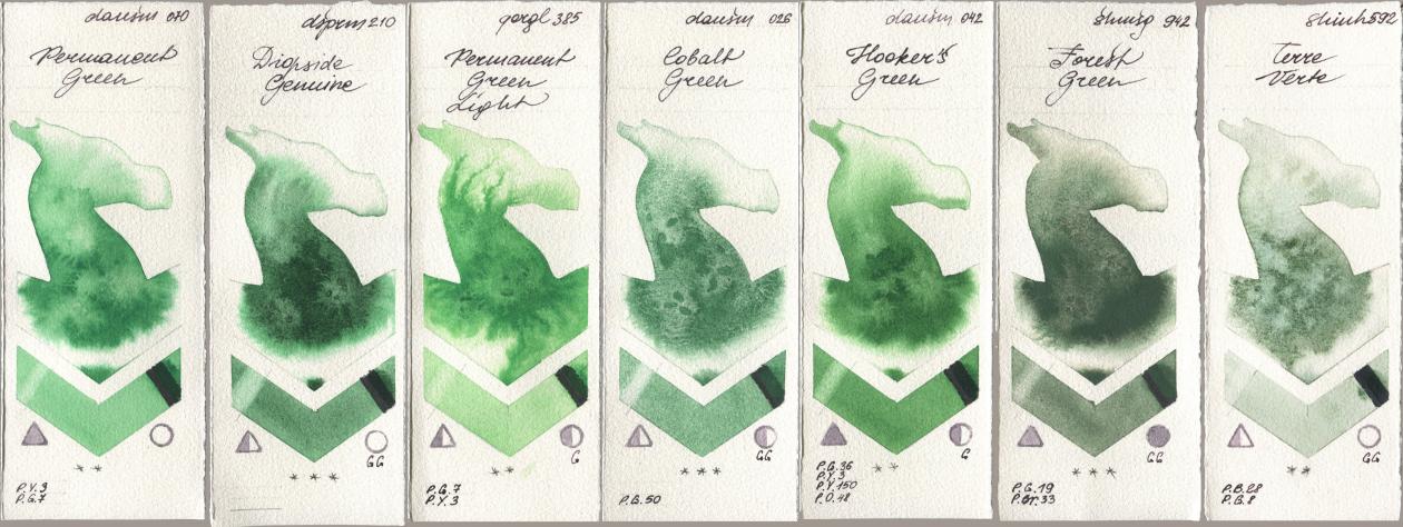 Daniel Smith 070 Permanent Green, 210 Diopside Genuine, Golden QOR 385 Permanent Green Light, 026 Cobalt Green, 042 Hookers Green, Shminke Horadam Aquarell 942 Forest Green, Shinhan PWC 592 Terre Ver watercolor swatch