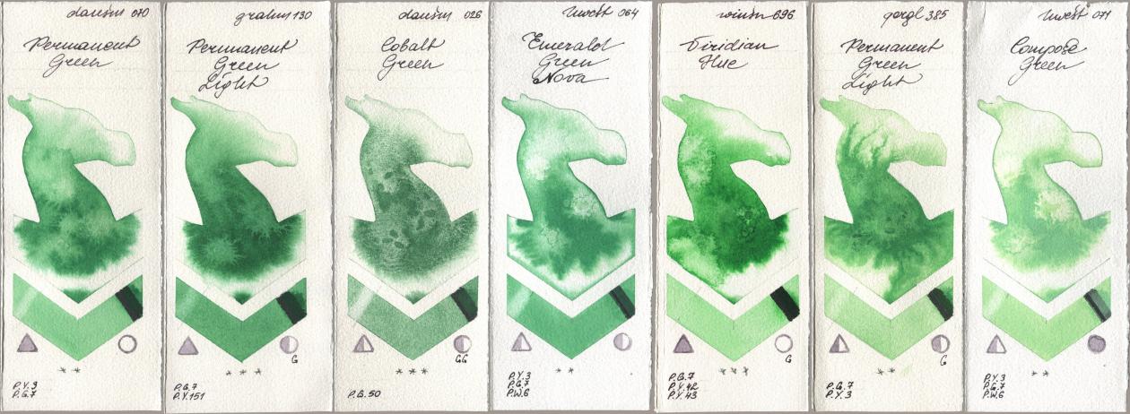Daniel Smith 070 Permanent Green, M. Graham & Co. Artists 130 Permanent Green Light, 026 Cobalt Green, Holbein Artists Watercolor 064 Emerald Green Nova, Winsor & Newton Professional 696 Viridian Hue, Golden QOR 385 Permanent Green Light, 071 Compose Gre watercolor swatch