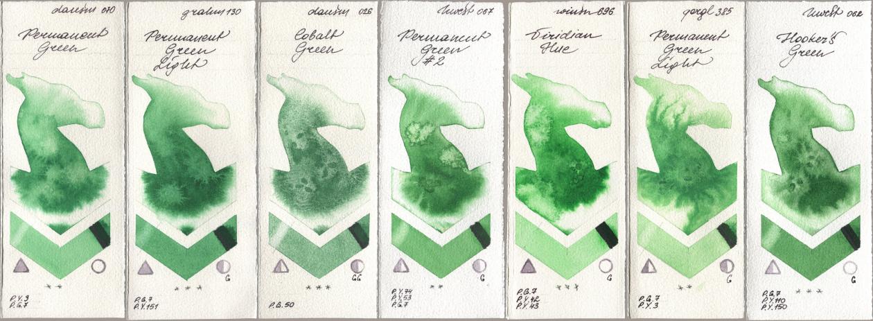 Daniel Smith 070 Permanent Green, M. Graham & Co. Artists 130 Permanent Green Light, 026 Cobalt Green, Holbein Artists Watercolor 067 Permanent Green No 2, Winsor & Newton Professional 696 Viridian Hue, Golden QOR 385 Permanent Green Light, 062 Hookers Gre watercolor swatch
