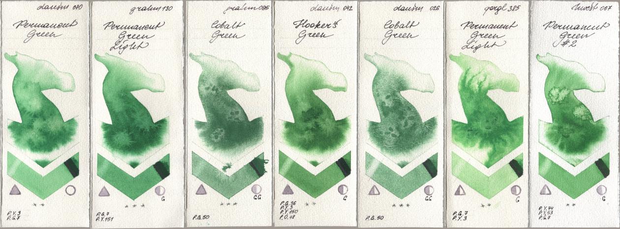 Daniel Smith 070 Permanent Green, M. Graham & Co. Artists 130 Permanent Green Light, 095 Cobalt Green, 042 Hookers Green, 026 Cobalt Green, Golden QOR 385 Permanent Green Light, Holbein Artists Watercolor 067 Permanent Green No watercolor swatch