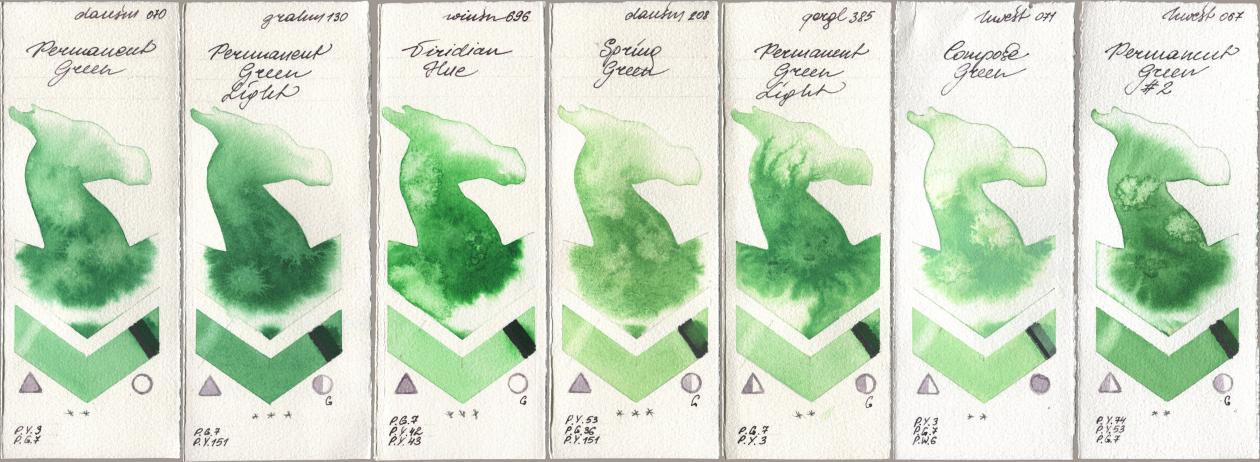Daniel Smith 070 Permanent Green, M. Graham & Co. Artists 130 Permanent Green Light, Winsor & Newton Professional 696 Viridian Hue, 208 Spring Green, Golden QOR 385 Permanent Green Light, Holbein Artists Watercolor 071 Compose Green, 067 Permanent Green No watercolor swatch