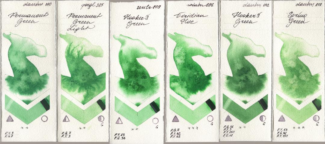 Daniel Smith 070 Permanent Green, Golden QOR 385 Permanent Green Light, Sennelier l Aquarelle 809 Hookers Green, Winsor & Newton Professional 696 Viridian Hue, 042 Hookers Green, 208 Spring Gre watercolor swatch