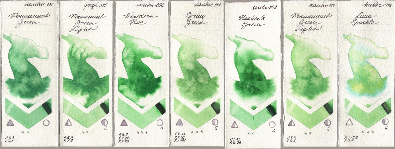 Daniel Smith 070 Permanent Green, Golden QOR 385 Permanent Green Light, Winsor & Newton Professional 696 Viridian Hue, 208 Spring Green, Sennelier l Aquarelle 809 Hookers Green, 067 Permanent Green Light, Kusakabe 016 Lime Spark watercolor swatch