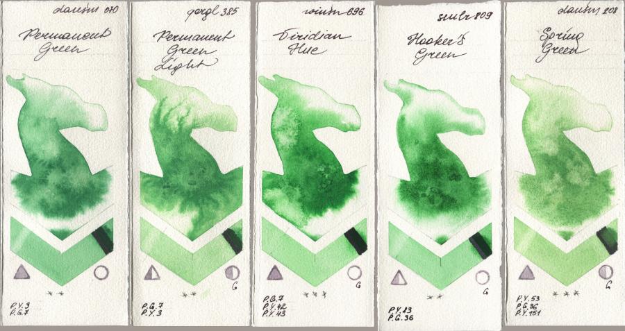 Daniel Smith 070 Permanent Green, Golden QOR 385 Permanent Green Light, Winsor & Newton Professional 696 Viridian Hue, Sennelier l Aquarelle 809 Hookers Green, 208 Spring Gre watercolor swatch