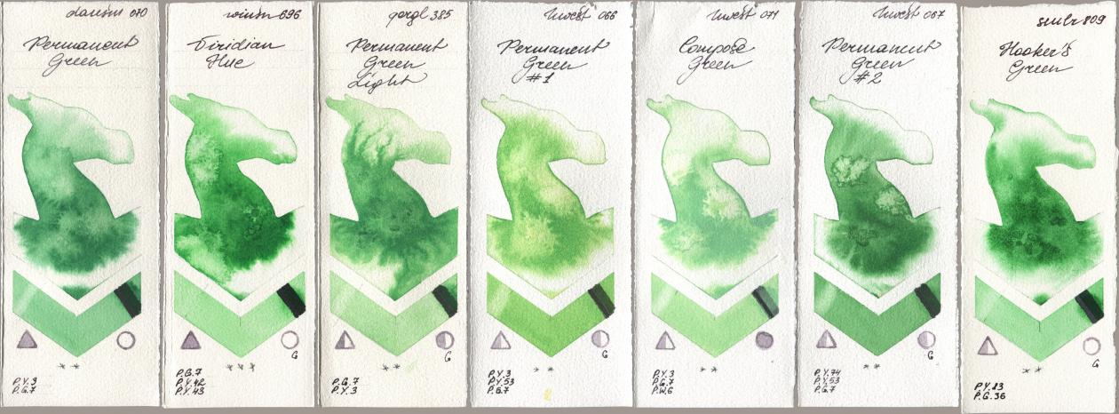 Daniel Smith 070 Permanent Green, Winsor & Newton Professional 696 Viridian Hue, Golden QOR 385 Permanent Green Light, Holbein Artists Watercolor 066 Permanent Green No 1, 071 Compose Green, 067 Permanent Green No 2, Sennelier l Aquarelle 809 Hookers Gre watercolor swatch