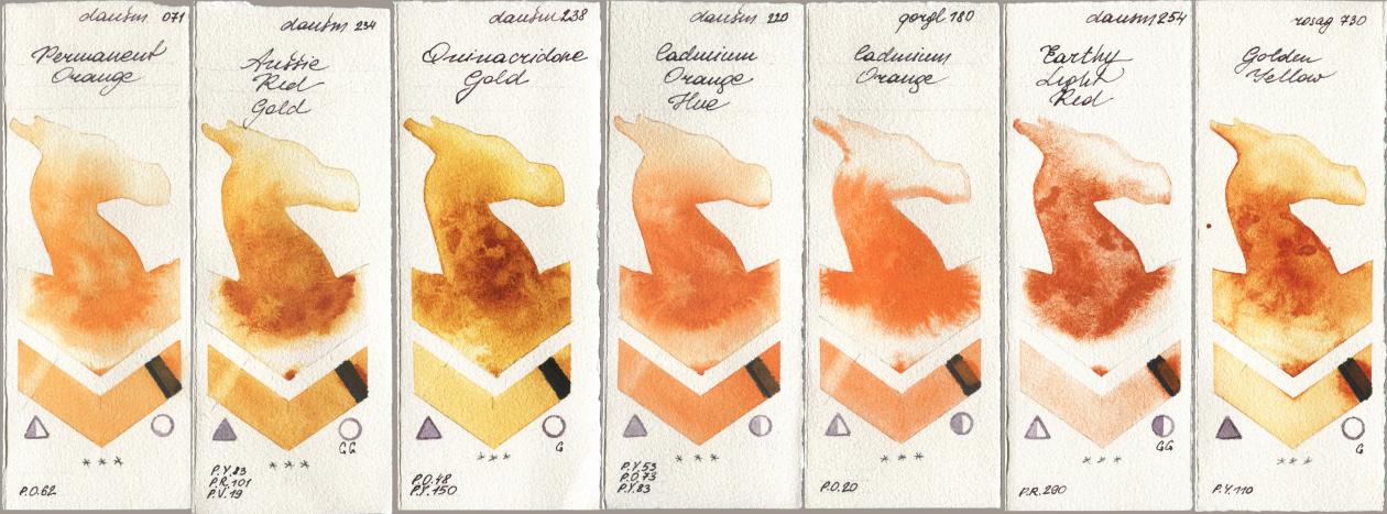 Daniel Smith 071 Permanent Orange, 234 Aussie Red Gold, 238 Quinacridone Gold, 220 Cadmium Orange Hue, Golden QOR 180 Cadmium Orange, 254 Earthy Light Red, Rosa Gallery 730 Golden Yell watercolor swatch
