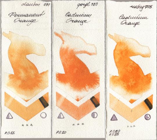 Daniel Smith 071 Permanent Orange, Golden QOR 180 Cadmium Orange, Rosa Gallery 705 Cadmium Oran watercolor swatch