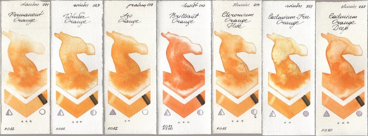 Daniel Smith 071 Permanent Orange, Winsor & Newton Professional 724 Winsor Orange, M. Graham & Co. Artists 017 Azo Orange, Holbein Artists Watercolor 047 Brilliant Orange, Shminke Horadam Aquarell 214 Chrome Organge LF (Chromium Orange Hue), 899 Cadmium-Free Orange, 228 Cadmium Orange De watercolor swatch