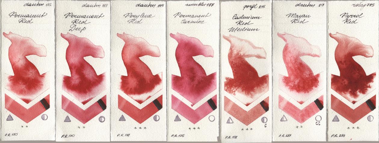 Daniel Smith 072 Permanent Red, 069 Permanent Red Deep, 075 Perylene Red, Maimeri Blu 167 Permanent Carmine, Golden QOR 215 Cadmium Red Medium, 217 Mayan Red, Rosa Gallery 775 Pyrrole R watercolor swatch