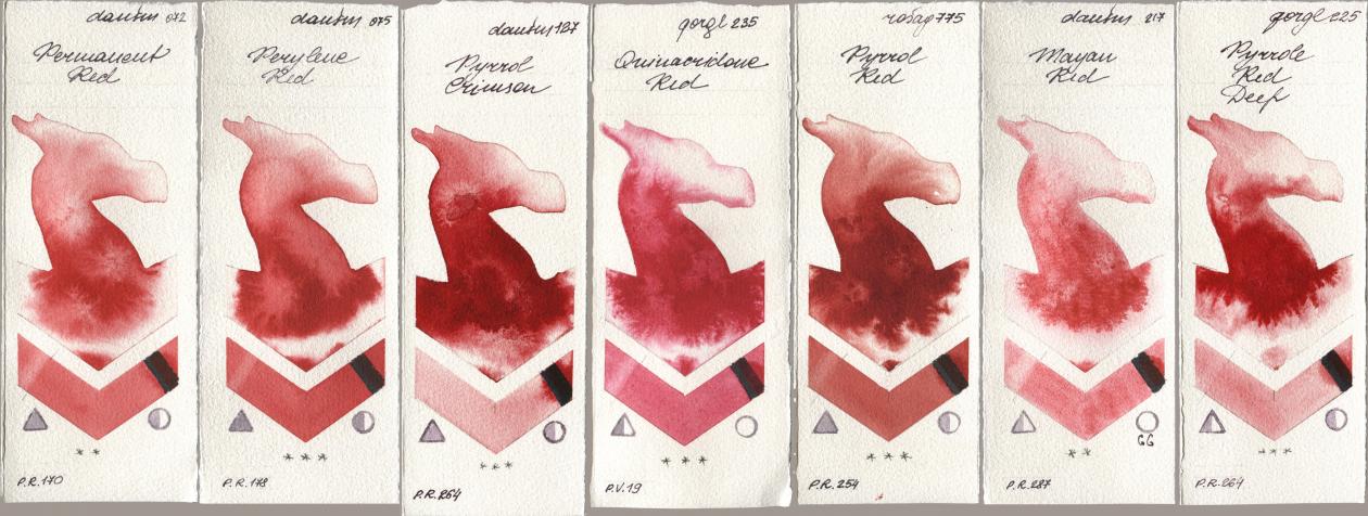 Daniel Smith 072 Permanent Red, 075 Perylene Red, 127 Pyrrol Crimson, Golden QOR 235 Quinacridone Red, Rosa Gallery 775 Pyrrole Red, 217 Mayan Red, 225 Pyrrole Red De watercolor swatch