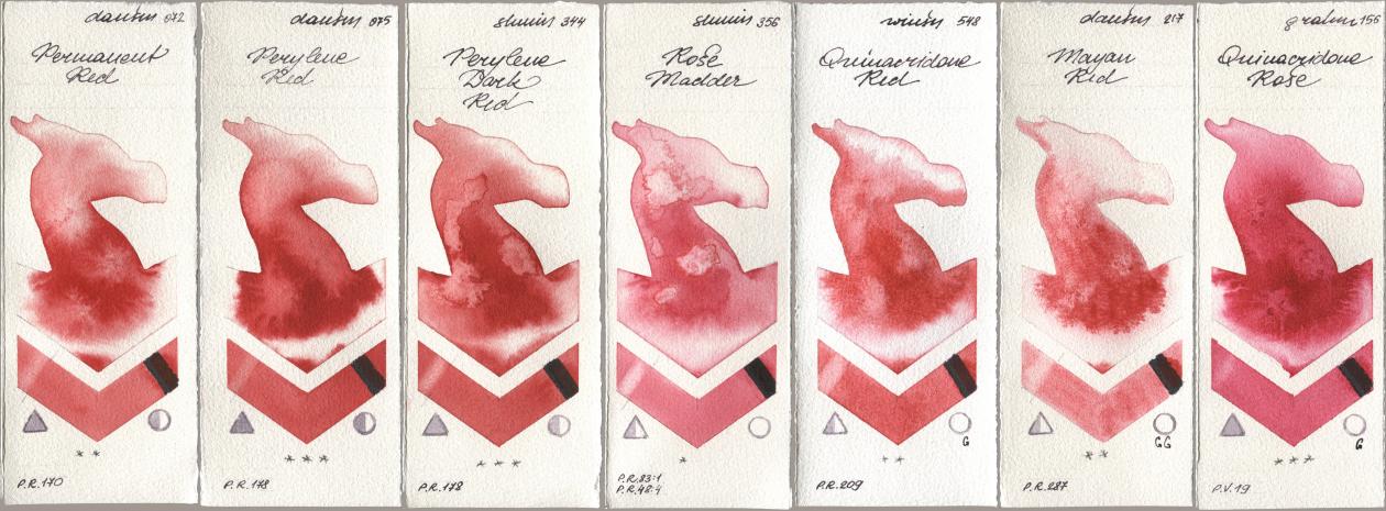 Daniel Smith 072 Permanent Red, 075 Perylene Red, Shminke Horadam Aquarell 344 Perylene Dark Red, 356 Rose Madder, Winsor & Newton Professional 548 Quinacridone Red, 217 Mayan Red, M. Graham & Co. Artists 156 Quinacridone Ro watercolor swatch