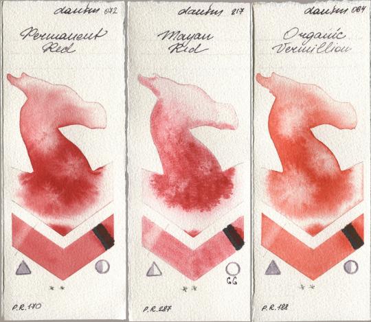 Daniel Smith 072 Permanent Red, 217 Mayan Red, 064 Organic Vermili watercolor swatch