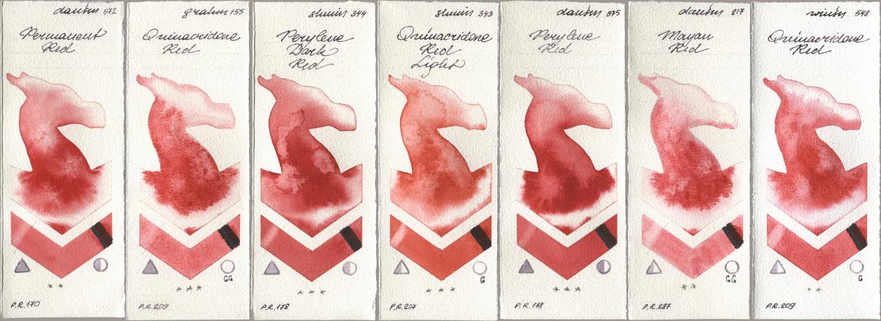 Daniel Smith 072 Permanent Red, M. Graham & Co. Artists 155 Quinacridone Red, Shminke Horadam Aquarell 344 Perylene Dark Red, 343 Quinacridone Red Light, 075 Perylene Red, 217 Mayan Red, Winsor & Newton Professional 548 Quinacridone R watercolor swatch