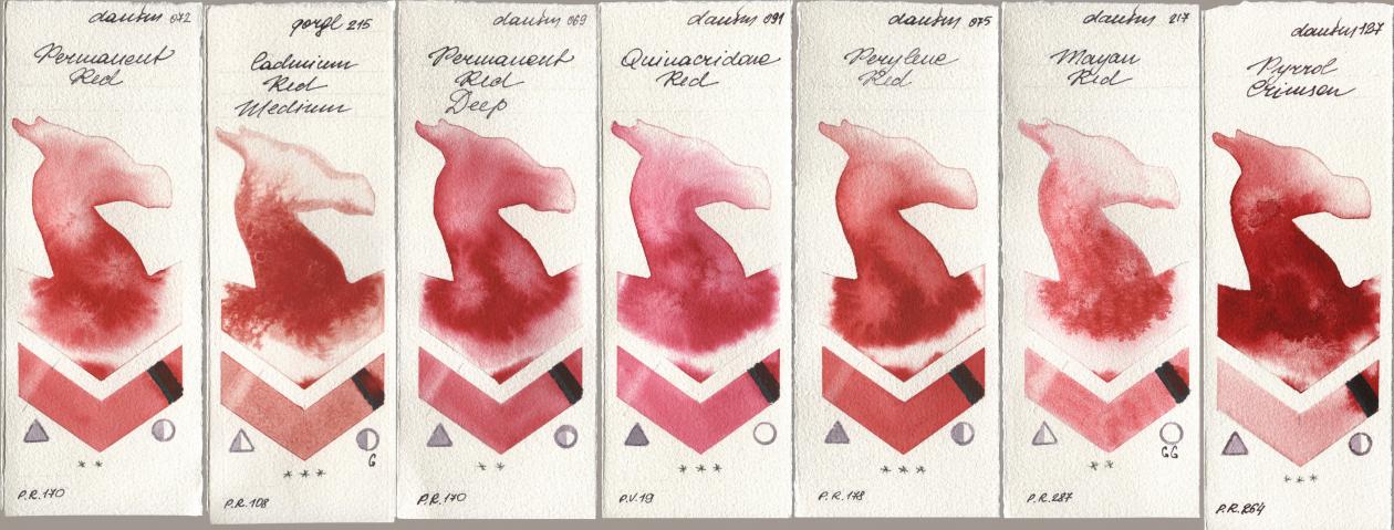Daniel Smith 072 Permanent Red, Golden QOR 215 Cadmium Red Medium, 069 Permanent Red Deep, 091 Quinacridone Red, 075 Perylene Red, 217 Mayan Red, 127 Pyrrol Crims watercolor swatch
