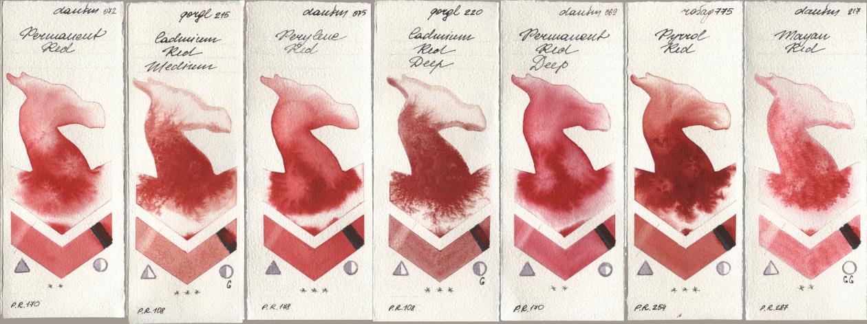 Daniel Smith 072 Permanent Red, Golden QOR 215 Cadmium Red Medium, 075 Perylene Red, 220 Cadmium Red Deep, 069 Permanent Red Deep, Rosa Gallery 775 Pyrrole Red, 217 Mayan R watercolor swatch