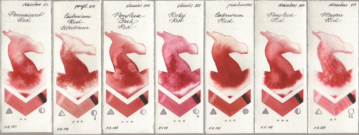 Daniel Smith 072 Permanent Red, Golden QOR 215 Cadmium Red Medium, Shminke Horadam Aquarell 344 Perylene Dark Red, 351 Ruby Red, M. Graham & Co. Artists 040 Cadmium Red, 075 Perylene Red, 217 Mayan R watercolor swatch