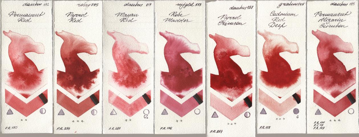 Daniel Smith 072 Permanent Red, Rosa Gallery 775 Pyrrole Red, 217 Mayan Red, Mijello Mission Gold 513 Rose Madder, 127 Pyrrol Crimson, M. Graham & Co. Artists 045 Cadmium Red Deep, 185 Permanent Alizarin Crims watercolor swatch